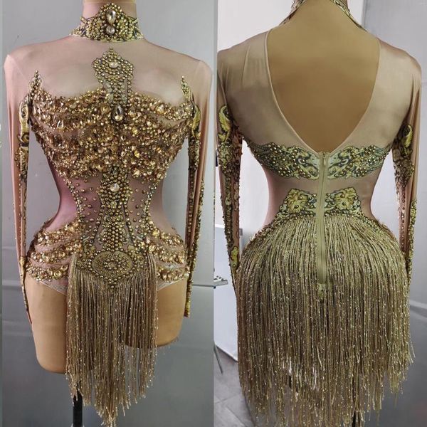 Sahne Giyim Altın Parlayan Rhinestones Tassel Bodysuits Kadın Seksi Uzun Kollu Gece Kulübü Prom Giyim Bar DJ Kostümleri Rave Wears