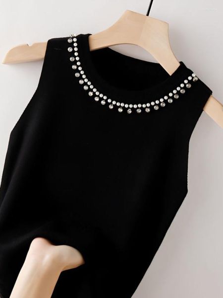 Frauenpullover Frauen Perlen ärmellose Pullover Mode koreanische Frühling Sommer schwarz weiß gestrickte Pullover schlanke Top