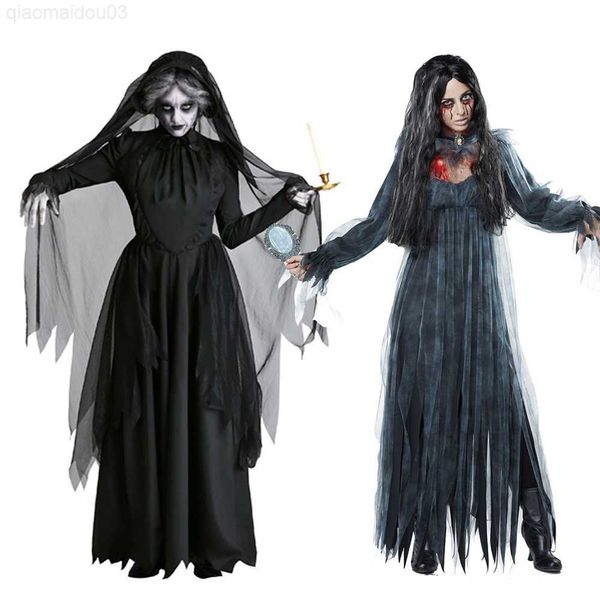 Fantasia de tema witch mulheres assustadoras zumbi vampiro halloween vêm horror fantasma fantasma vestido sexy com capuz cape túmulo de morte l230804