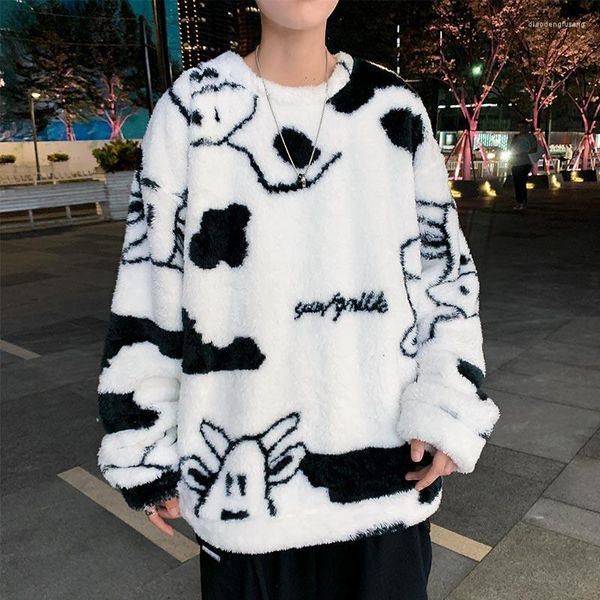 Felpe con cappuccio da uomo Felpa oversize Cartone animato Stampa mucca Pelo di agnello O-Collo Felpe uomo manica lunga Moda coreana Abbigliamento hip hop Streetwear