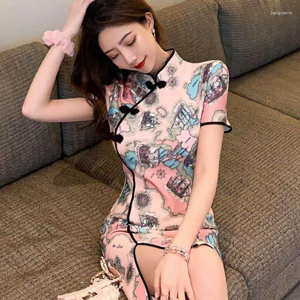 Ethnische Kleidung Myvision weiblich rosa Blumen Neuheit Satin Abendkleid Cheongsam offizieller Kragen kurz elegant chinesisch orientalisch