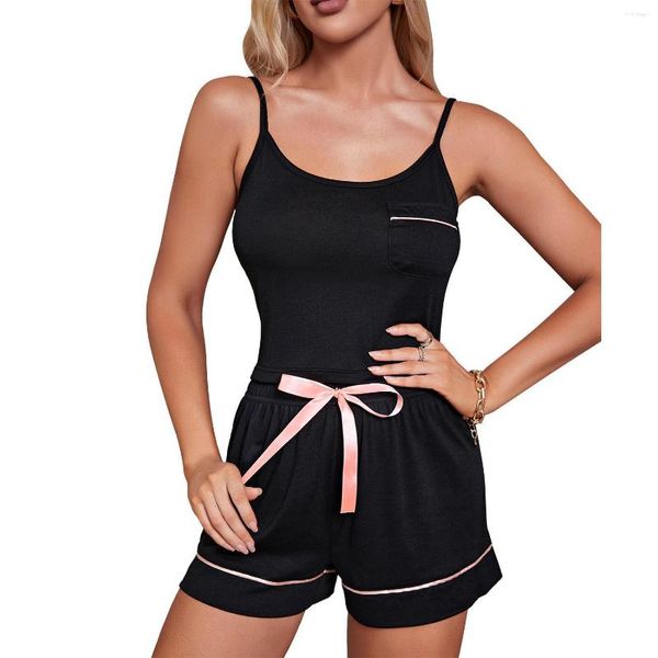 Roupa de dormir feminina 2 peças pijamas suspensórios sensuais colete top casual shorts cintura elástica calças curtas sólidas finas roupas de casa femininas