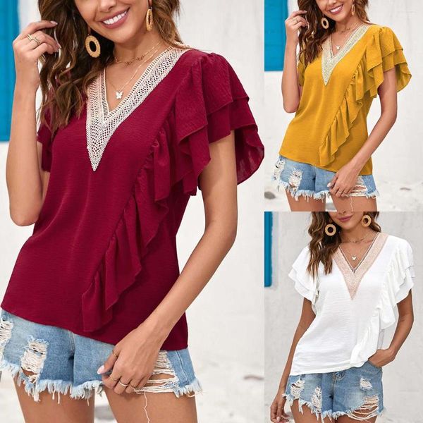 Camicette da donna Elegante camicetta in pizzo Camicie casual Top 2023 Summer Solid Patch Ruffle Edge Office Lady Shirt S-XXL