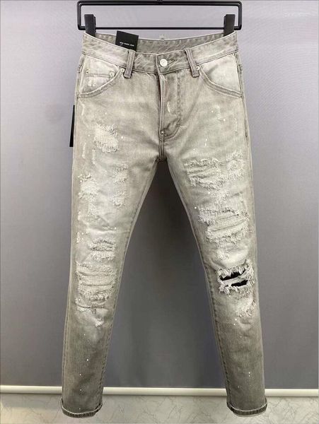 Jeans masculino Itália branco conciso legal estilo riscado rasgado moda calça lápis 9832#
