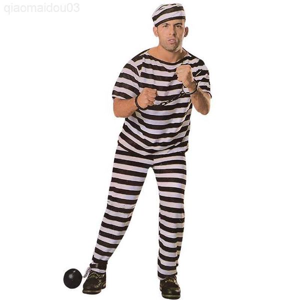 Thème Costume Hommes Prisonnier Halloween Venez Sanglant Prisonnier Vêtements Prison Uniforme Noir et Blanc Rayures Prison École Fête Fantaisie Venez L230804