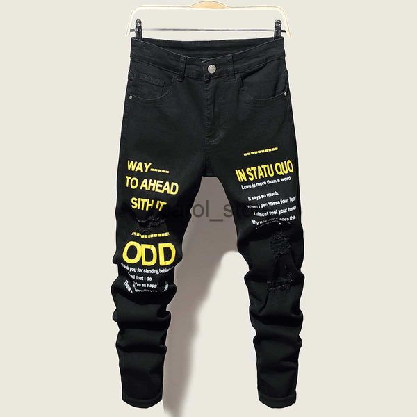 Erkek kot pantolon esnek yırtık sıska kot pantolon erkekler için bisikletçi mektubu karikatür baskı kot pantolon yıkılmış delik ince fit denim hip hop siyah kot j230806