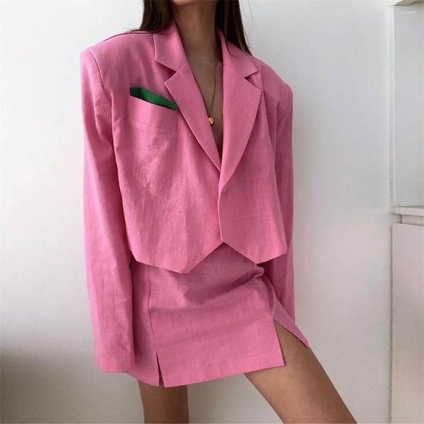 Vestido de duas peças, saias lápis e blazer, conjunto combinando, casual, negócios, roupas femininas, bolsos de manga comprida, roupas femininas, terno rosa