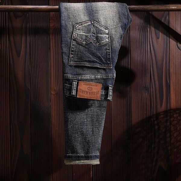 Jeans Masculino Designer de Moda Masculino Retro Azul Escuro Elástico Slim Calça Rasgada Vintage Bordado Calça Jeans Stretch Hombre