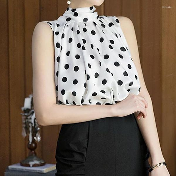 Damenblusen Schwarz Polka Dot Weiß Chiffon Hemd Frühling Sommer Mode Bluse 2023 Koreanischer Stil Rundhals Lässig Ärmellos Für Damen