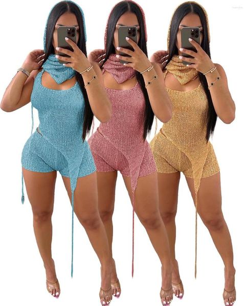 Tute da donna Donna Backless Bandage Summer Club Party Outfit Solid Paillettes Halter Hood Sexy Hollow lavorato a maglia Canotte e pantaloncini 2