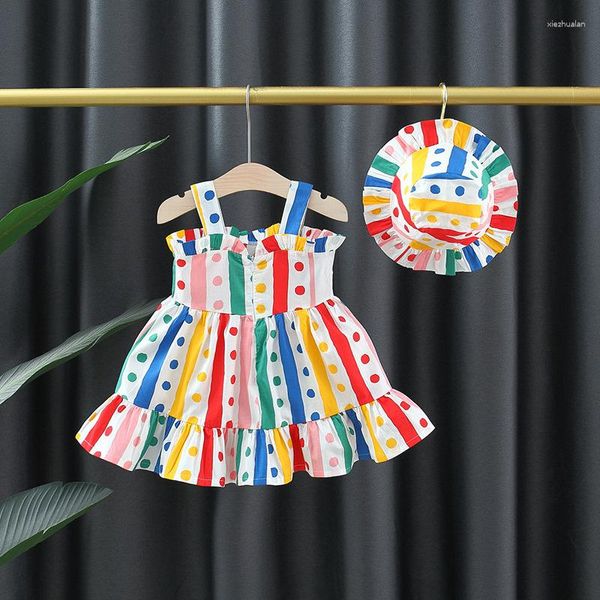 Vestidos para meninas Vestido de tecido com bolinha de algodão Saia com laço suspensório infantil Chapéu de princesa floral verão 2023