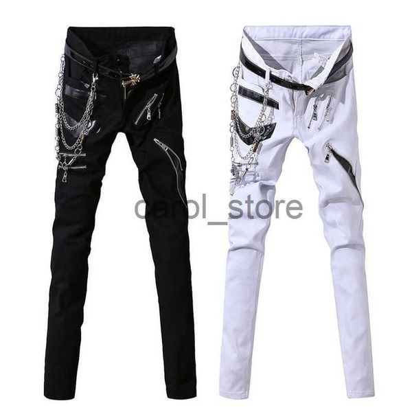 Jeans da uomo Jeans Hip Hop da uomo con patchwork a catena Punk Gothic Party Stage Multi Zippers Pantaloni da performance in pelle per uomo J230806