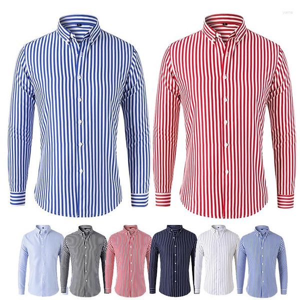 Camisas casuais masculinas 2023 manga longa azul branco listrado vestido moda blusa botão baixo ajuste padrão