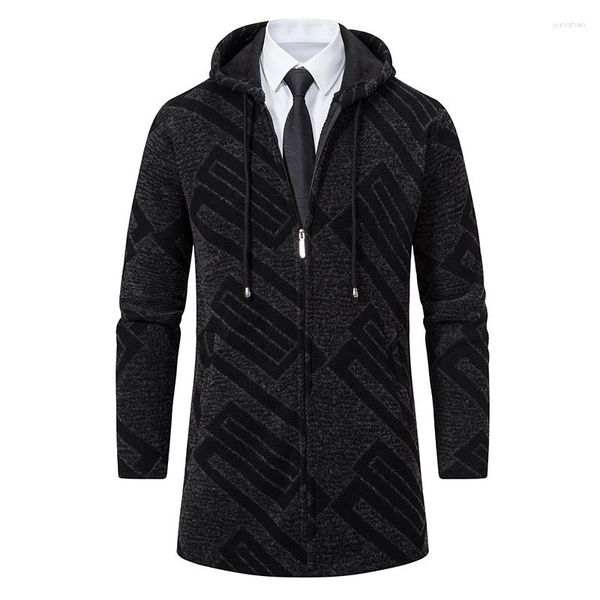 Trench da uomo Cappotto maglione lungo spesso Giacca invernale nera con cappuccio Pile caldo Parka Felpe con cappuccio da uomo Cardigan in maglia con cerniera completa