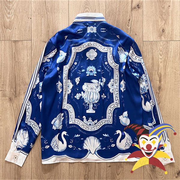 Porcelain Swan Casablanca Shirt Uomo Donna Migliore qualità Blu manica lunga Hawaii Beach Camicie di seta T230806
