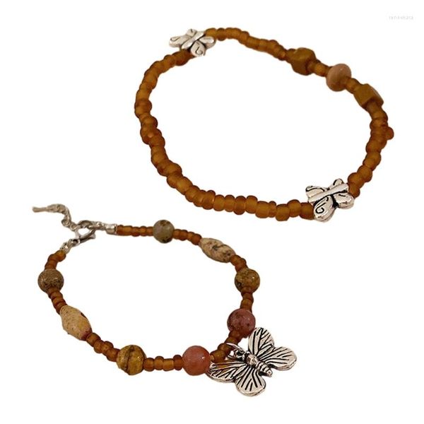 Pulseira borboleta com miçangas cor de café e contas de arroz redondas, pulseira delicada, corrente de mão, joias para mulheres e meninas