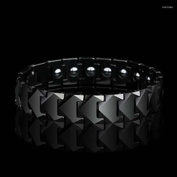 Pulseiras de elo 12 mm de largura Jóias masculinas Tungstênio Links para homens Pedras magnéticas embutidas polidas de alto nível Prata/Preto Cores Comprimento 20,5/22