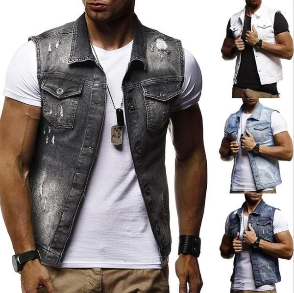 Gilet da uomo Slim Fit Autunno Primavera Denim Strappato Gilet con colletto rovesciato Giacche di jeans senza maniche