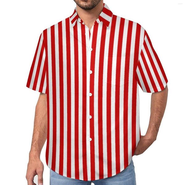 Camisas casuais masculinas Candy Stripes Camisa de praia listrada vermelha e branca Summer Y2K Blusas Masculinas Personalizadas Plus Size 3XL 4XL