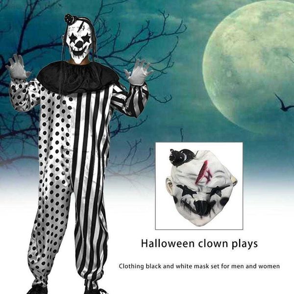 Traje Tema QLQ Halloween Masculino Assassino Come Cosplay Macacão de Palhaço Adulto com Máscara de Látex Performance Scary White Black Stripe Clown L230804