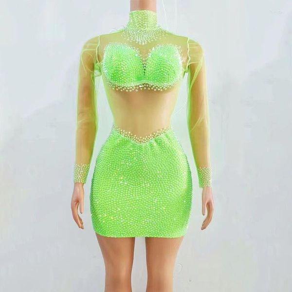 Stage Wear Mesh Prospettiva Verde fluorescente Full Diamond Dress Nightclub Bar Dj Performance Costumi Halloween Party DN15850