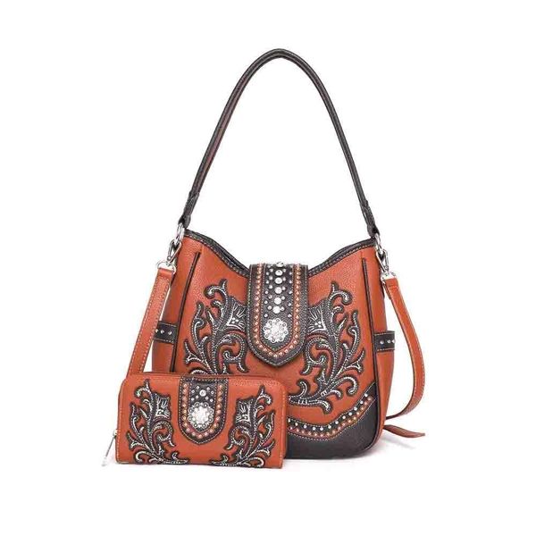 Bolsas de noite Moda Couro Genuíno Carteira Feminina Bolsa Bordada e Conjunto de 2 Bolsa Mensageiro Oculta Carry Western 230804