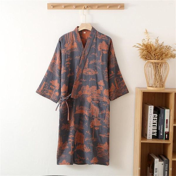 Herren-Nachtwäsche, Baumwolle, garngefärbt, doppelter Jacquard, gewaschen, dünn, große Größe, Schnürung, Kimono-Robe, Bademantel, gedämpft