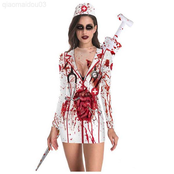 Traje Tema Halloween Horror Role Sangue Nurse Short Pack Hip Short Dress Cosplay Zombie Nurse Uniforme Come L230804