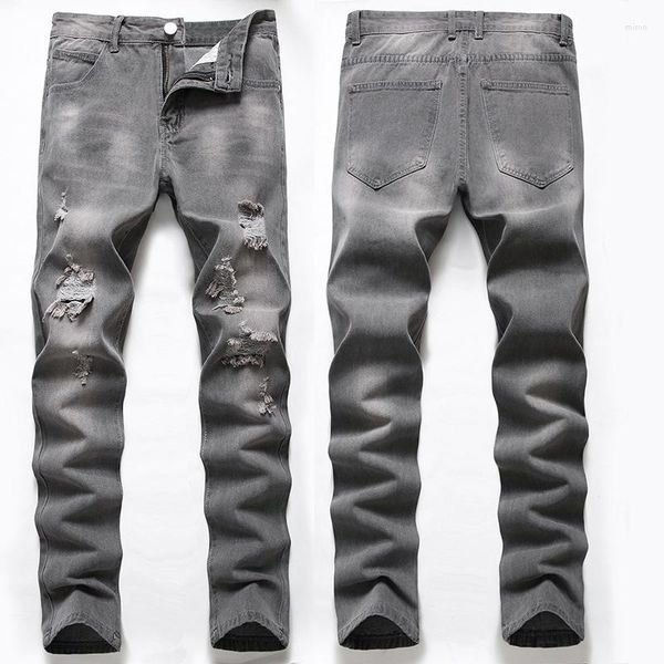 Jeans masculino cinza Calças casuais para o dia a dia Trend Plus Size Calças retas rasgadas Fashion Denim surrado