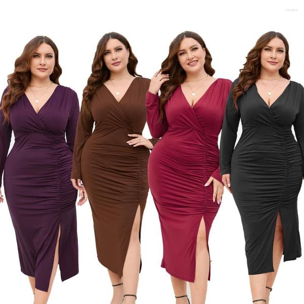 Vestidos Plus Size 4XL 5XL Manga Longa Cor Sólida Decote em V Envoltório Saia Quadril Fenda Europa Sexy Emagrecimento Vestido Tamanhos Festa de Casamento Noite