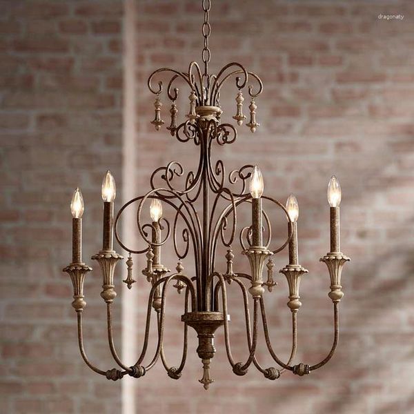 Lampade a sospensione Lampadario retrò nostalgico in ferro battuto invecchiato nordico creativo e leggermente decorativo di lusso