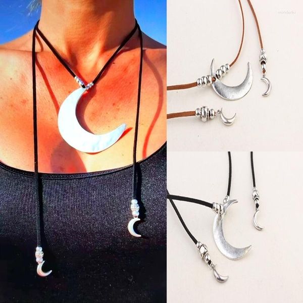 Anhänger Halsketten Mode Niedlichen Großen Mond Choker Frauen Lange Leder Seil Aussage Halskette Schmuck Freundin Geschenke Dropship