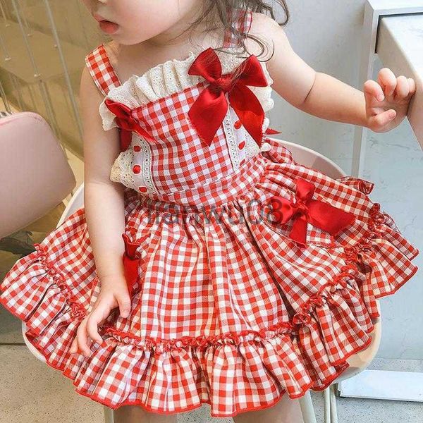 Mädchen Kleider Sommer Mode Baby Mädchen Baumwolle Rot Plaid Rückenfreie Fliege Spitze Strapes Lolita Kleid Kinder Schöne Outfits Kleidung für 28 Jahre x0806