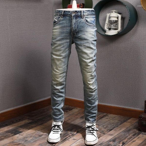 Мужские джинсы Ly Designer Fashion Мужчины высококачественные ретро -синие эластичные тонкие подгонки разорванные итальянские винтажные джинсовые штаны Hombre