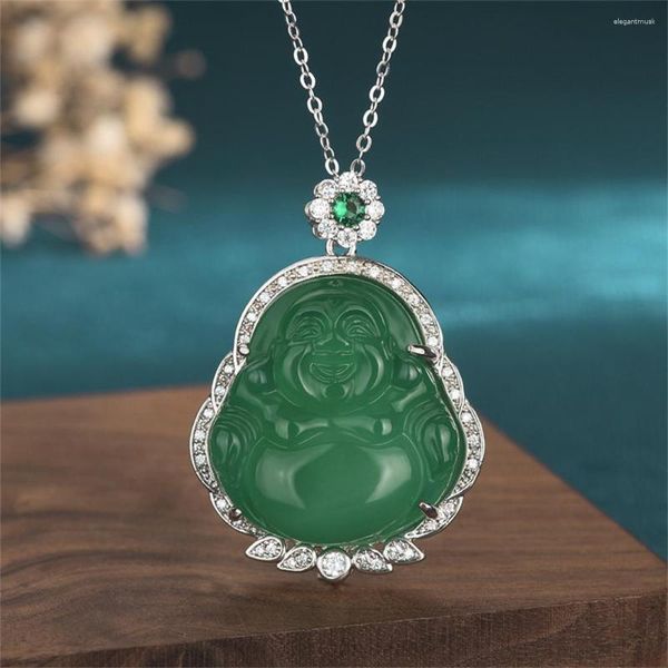 Collane con ciondolo Collana Buddha Maitreya per donna Uomo Rosa naturale Pietra verde Grande pancia Sorriso Catena strass