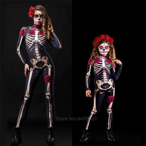 Traje Tema Rosa Esqueleto Adulto Crianças Scary Come Halloween Dress Cosplay Macacão Sexy Carnaval Festa Mulheres Menina Macacão Dia dos Mortos L230804