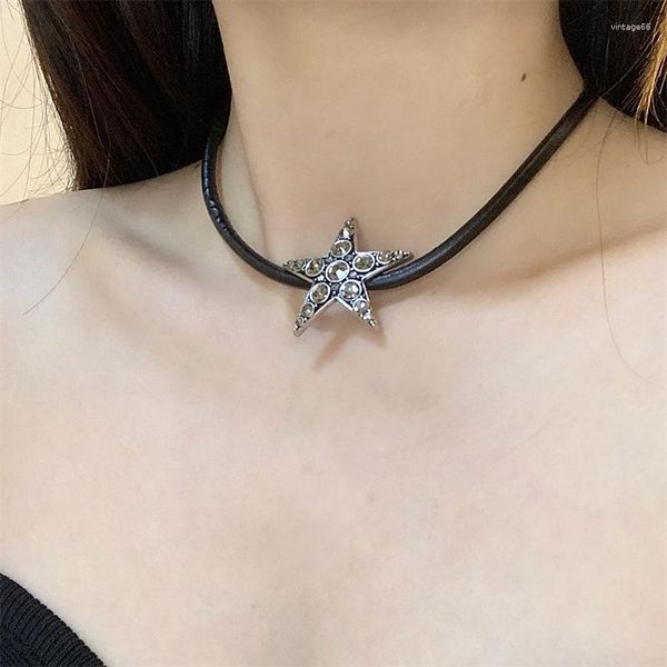 Halsband Vintage Strass Stern Pentagramm Metall Halskette Für Frauen Punk Kühle Trendy Leder Kragen Kette Koreanische Mode Schmuck