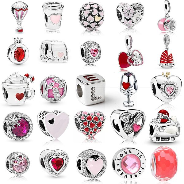 925 Sterling Silver Ciondola Charm New Original Red Love Glass Crown Fashion Bead Fit Pandora Charms Bracciale Accessori gioielli fai da te