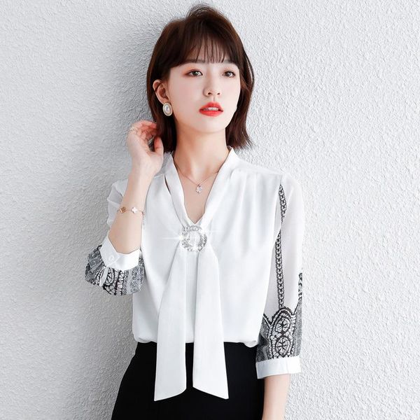 Kadın Bluzları 2023 Yaz Moda Gömlek Orta Kollu Şifon Beyaz Saf Pırlanta Kızlar Günlük Giyim F017
