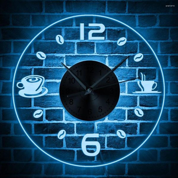 Wanduhren, Kaffeetasse-Design, mehrfarbig, leuchtende Uhr, Bohnen-LED, hängende Nachtlampe, Uhren-Thema