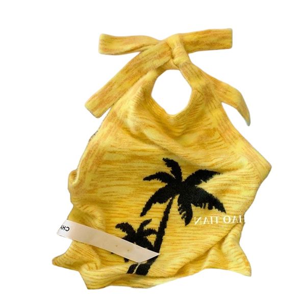Nuevo diseño de cuello halter para mujer, color amarillo, estampado de árbol de coco, tejido sexy para playa, verano, camisetas sin mangas, chaleco SMLXL