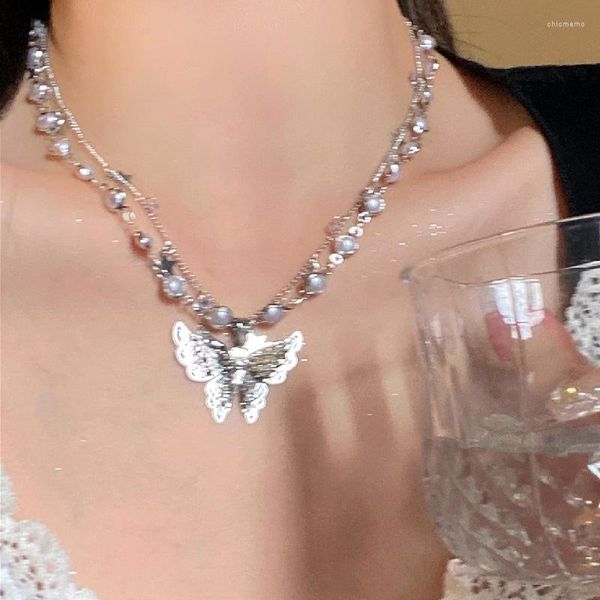 Halskette-Ohrringe-Set, süßes flatterndes Schmetterlings-Perlen-Spleißen, doppellagig, mit Nischen-Design, Schlüsselbeinkette, Party-Schmuck