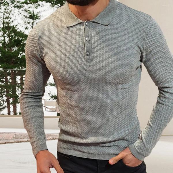 Maglioni da uomo Top con risvolto lavorato a maglia Autunno Inverno Bottoni in maglia Tinta unita Manica lunga Texture waffle Orlo a costine per stile