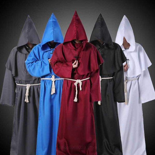 Traje de tema Medieval Monk Robe Monk Come Halloween Cosplay Priest Wizard Capuz Multicolor Cape Manto Cintura Corda Cross Ornament Sets L230804