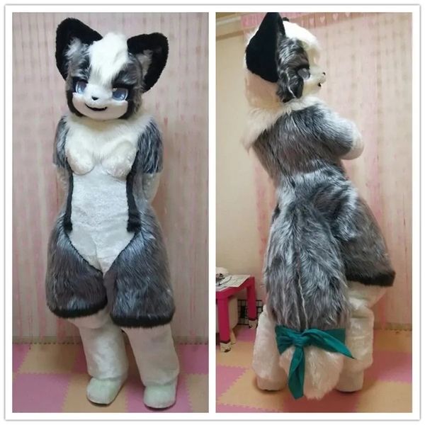 Long Fur Wolf Dog Fursuit Furry Mascot Costume Halloween Christmas Fancy Party Dress Personagem de Desenho Animado Terno Carnaval Unissex Adultos Outfit