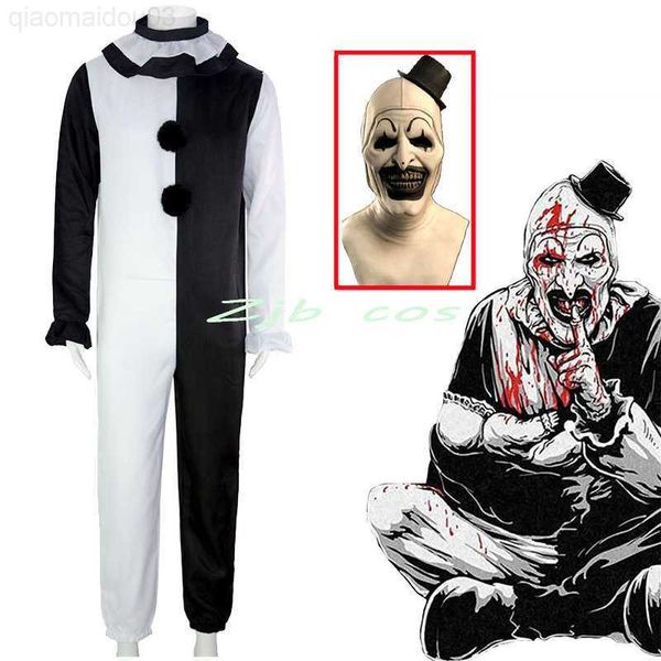 Tema Kostüm Palyaço Joker Cosplay Com Maske Terrier Tulum Kadın Erkekler Cadılar Bayramı Korku Siyah Beyaz Bodysuit TV Sanat Palyaço Kıyafetleri Seti L230804