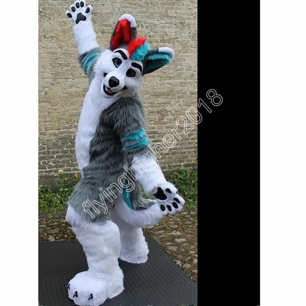 Pele longa peludo lobo cinzento cão husky raposa fursuit traje da mascote halloween natal vestido de festa fantasia personagem dos desenhos animados terno carnaval unissex roupa para adultos