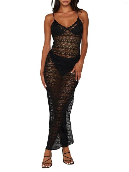 Vestidos casuais femininos elegantes vestidos maxi com retalhos de renda com detalhes em malha transparente e babados - design elegante sem costas para roupas de praia ou