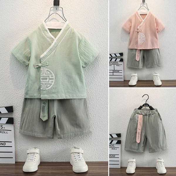 Agasalhos masculinos meninos verão estilo chinês vestido Tang Hanfu manga curta conjunto algodão 3-4-2 anos bebê traje antigo crianças dois conjuntos