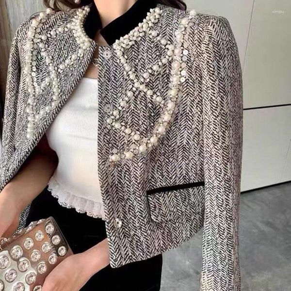 Damenjacken Retro Kleine Duftende Windperlen Diamantjacke Tweed Große Perle Stehkragen Kurze Weiblich